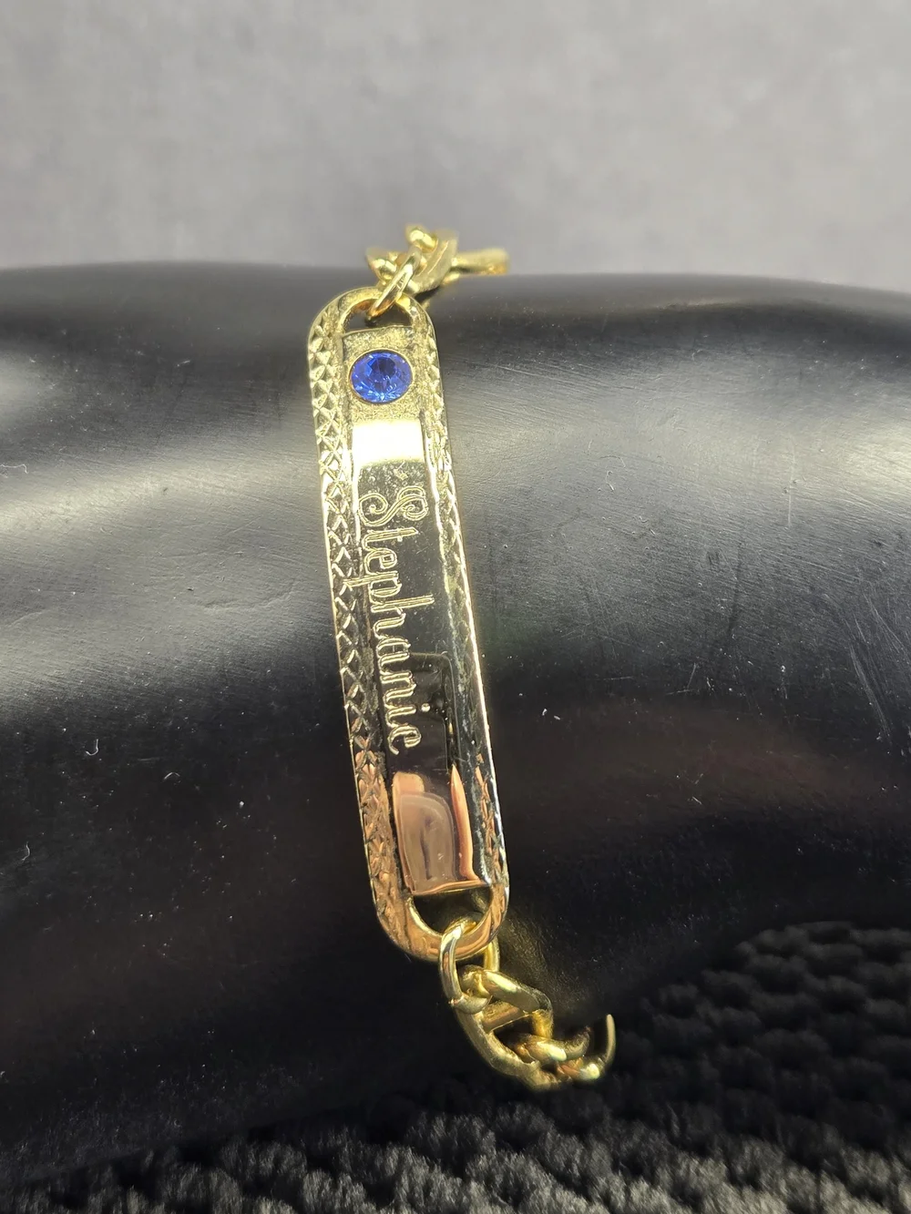 Personalized Stephanie Bar Bracelet with Blue Accent Gold Tone